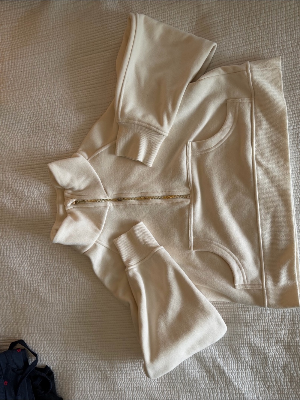 Cream Half-Zip Crewneck Sweatshirt with Puff Sleeves
